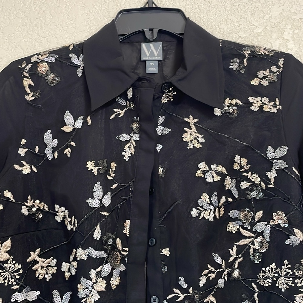Worthington  Black Sequin Sheer Blouse - Picture 3 of 9